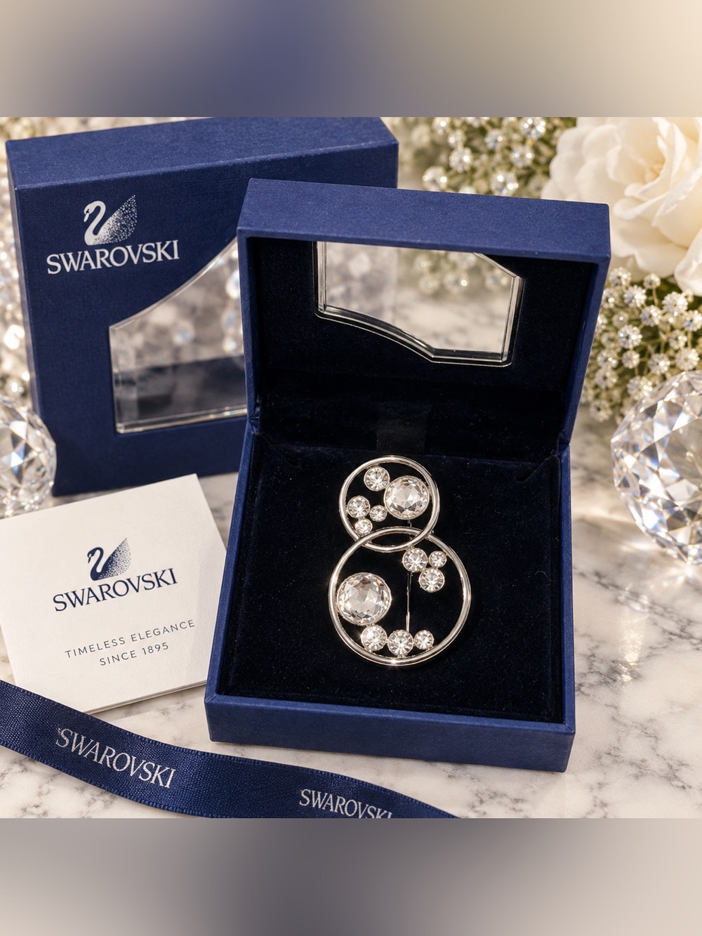 Swarovski Rhodium-Plated Double Circle Brooch Pin 869826 Retired